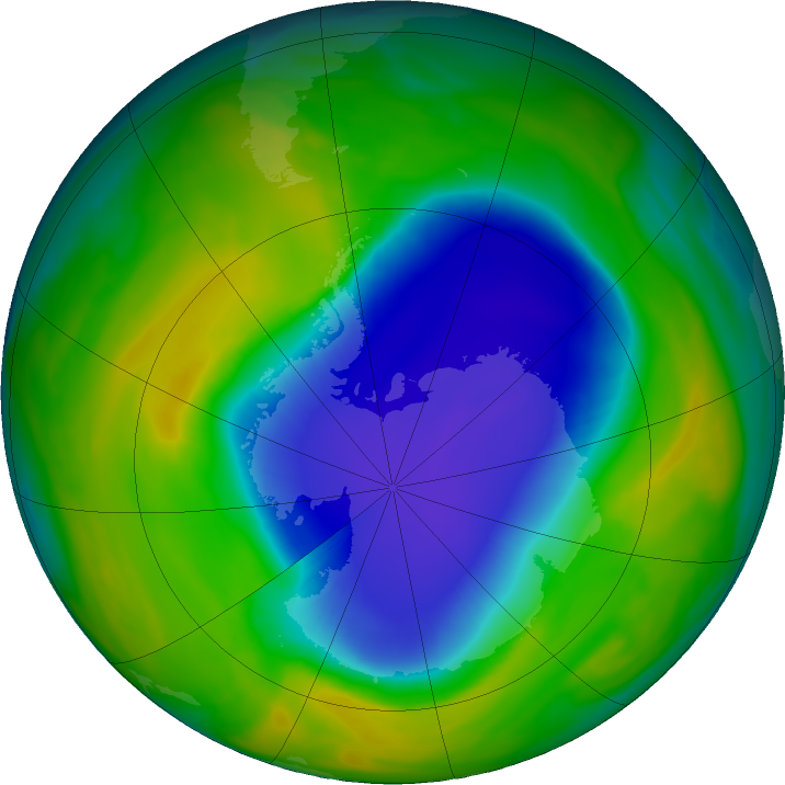 Antarctic ozone map for 31 October 2016
